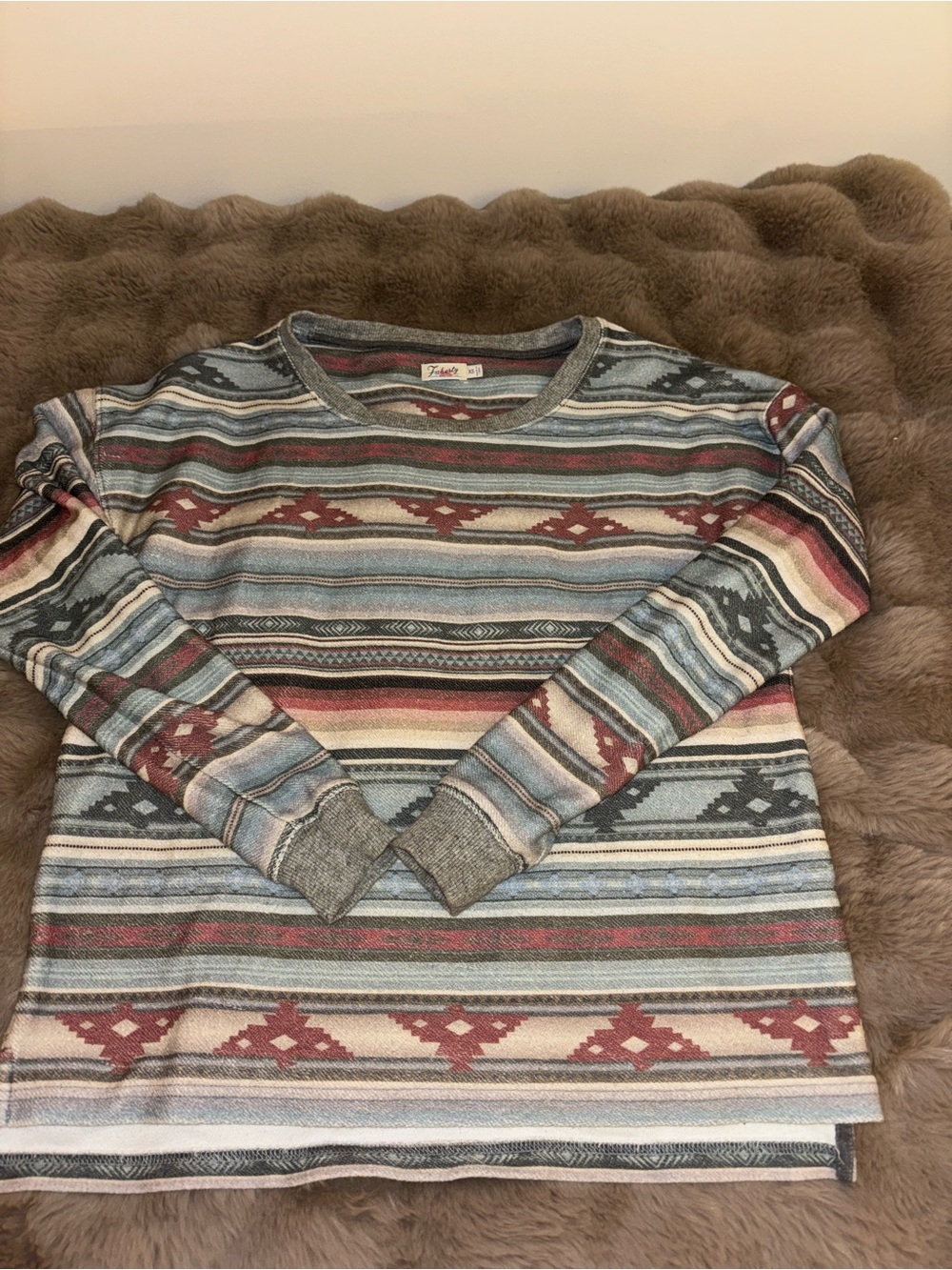 Faherty Aztec-Pattern Crewneck Sweater in Blue, Gray, Brown, Cream